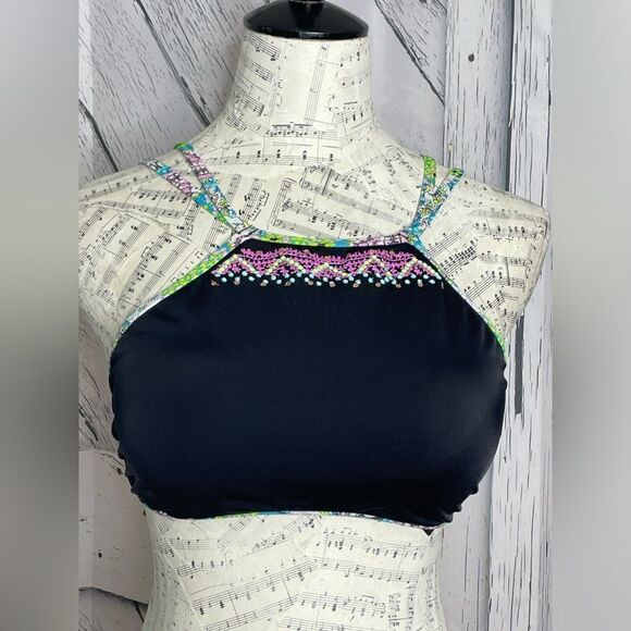 Victoria’s Secret High Neck Black Bikini Top Floral Trim Sequins L - Picture 2 of 8